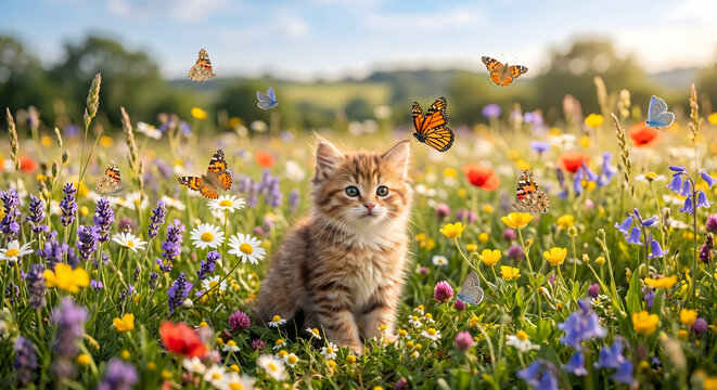 Wildflower meadow kitten butterfly spring nature outdoor cute pet countryside field, tabby kitten sitting wildflower meadow during spring with butterflies flying around, soft sunlight and bokeh