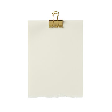Cream-colored unlined paper with a torn bottom edge held by a sleek gold binder clip against a transparent background, minimalist workspace organization concept