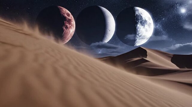 Alien Desert Landscape with Three Moons Phases at Night