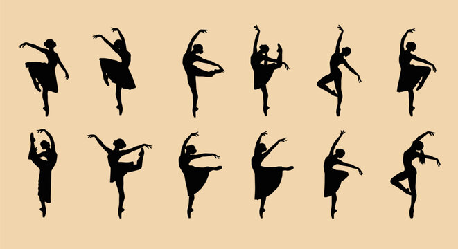 Silhouettes of ballet dancers in motion.