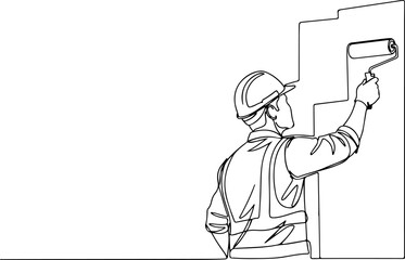 Obraz premium Continuous one line of a construction worker painting a wall with roller brush, representing finishing work and renovation, style hand drawing vector illustration.