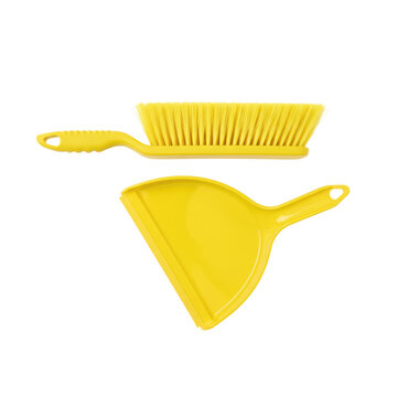 Vibrant yellow hand broom and dustpan set on a transparent background, flat-lay composition, crisp plastic texture, minimalist household cleanliness concept