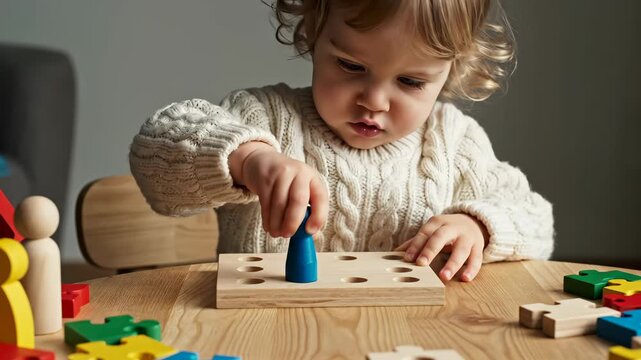 Toddler plays with wooden peg board placing blue cylinder in hole. Child learns with educational toy at table. Toddler practices motor skills with peg toy. Kid plays with wooden learning board indoors