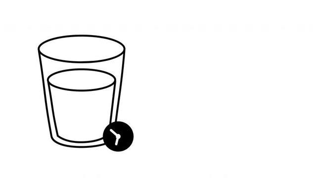 Water drink reminder animation showing glass and clock icon. Concept of hydration, healthy habit, daily schedule and wellness reminder