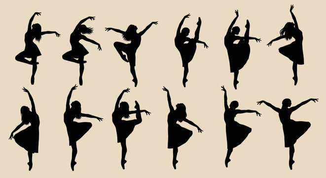 Silhouettes of dancing ballet women performing.