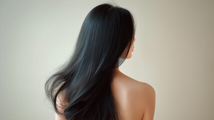 Fototapeta premium 美しくなびくロングヘアの日本人女性の後ろ姿 ツヤ髪とヘアケアのイメージ