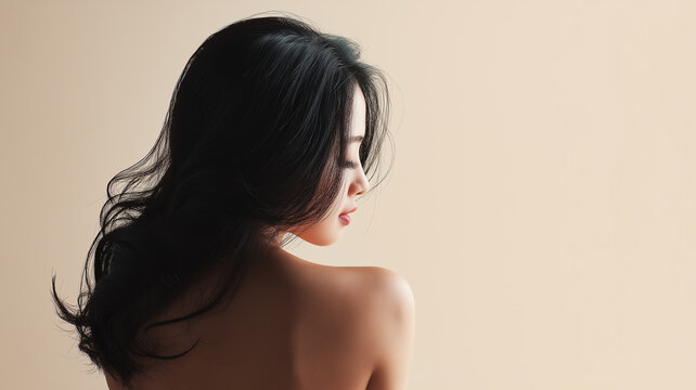 柔らかい自然光に包まれた日本人女性の横顔と美しい黒髪のシンプルなビューティーイメージ