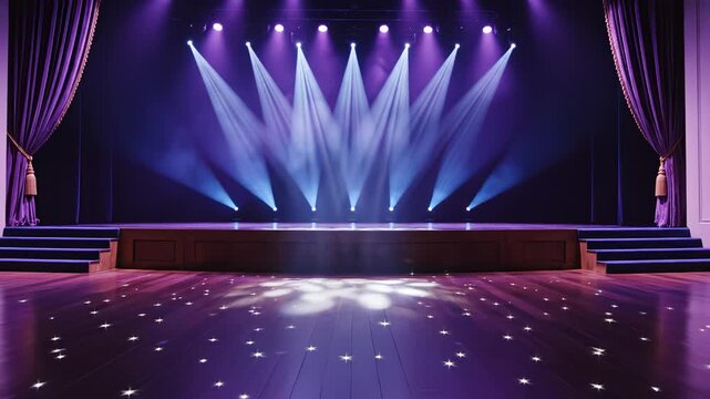 Empty stage with spotlights and curtains highlighting geometric patterns and contemporary art