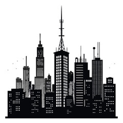 Obraz premium panoramic city skyline silhouette at night with tall skyscrapers and rooftop antenna details isolated on white