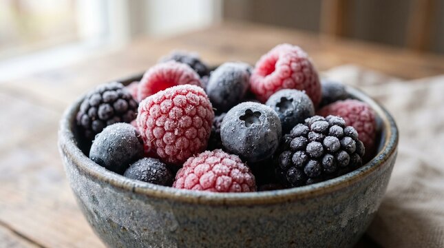 Fresh frozen raspberries blueberries and blackberries served in a rustic gray ceramic bowl on a weathered wooden kitchen table surface