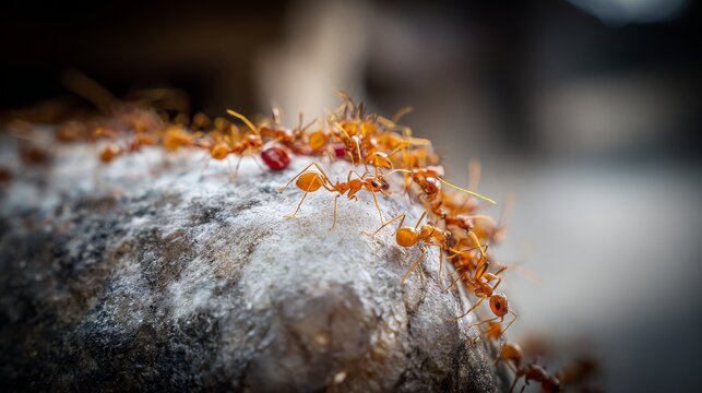 Group of red ants feeding on meat in rural Thailand Isaan near Somdet village, macro wildlife scene showing insect behavior, ecosystem interaction and survival activity