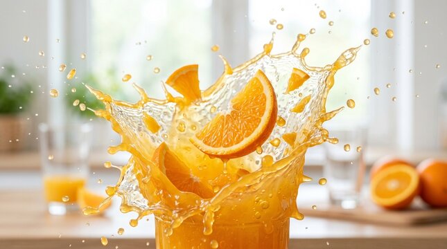 Vibrant orange slices dramatically splashing into bright orange juice creating a refreshing and dynamic citrus beverage advertising concept