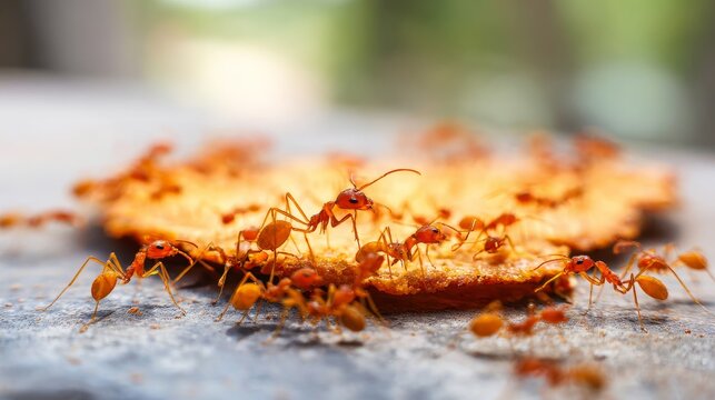 Group of red ants feeding on meat in rural Thailand Isaan near Somdet village, macro wildlife scene showing insect behavior, ecosystem interaction and survival activity