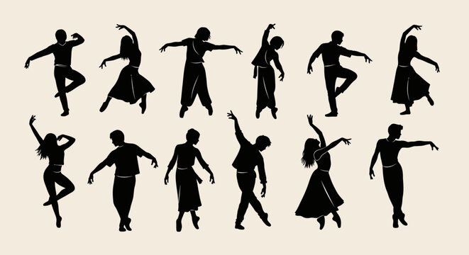 Silhouettes of people dancing together.