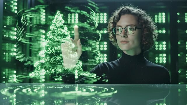 Woman interacts with holographic Christmas tree display in futuristic digital environment. Professional touches glowing tree hologram. Woman manipulates digital Christmas tree with particle effects.