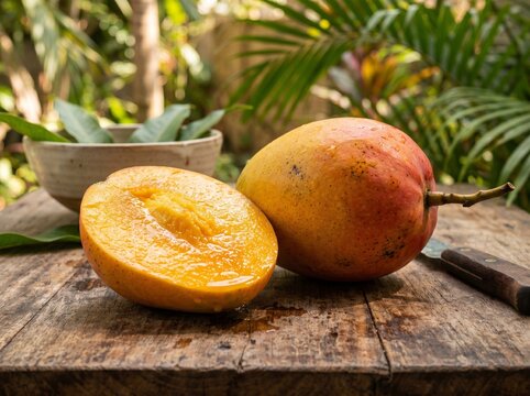 Delicious ripe tropical mango fruit, both whole and neatly cut in half, revealing its vibrant golden flesh on a rustic wooden table.