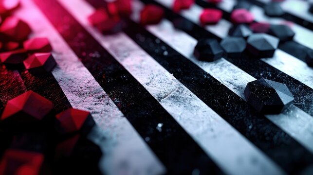 A close-up view of red and black gemstones on a metallic grated surface with a blurred background