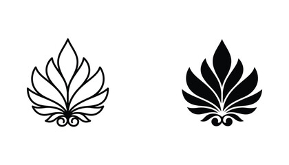 Fototapeta premium Stylized botanical leaf cluster silhouette icon set with symmetrical foliage in black and white line art and solid graphic style for eco friendly branding