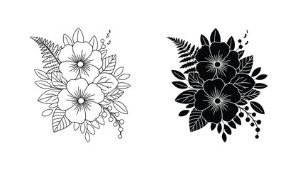 Detailed floral arrangement with wildflowers and fern leaves in outline and solid black silhouette styles for botanical graphic design © David