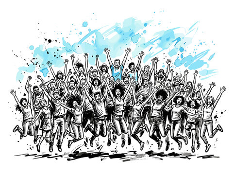 Diverse group of people jumping and cheering in excitement