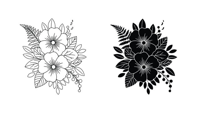 Detailed floral arrangement with wildflowers and fern leaves in outline and solid black silhouette styles for botanical graphic design
