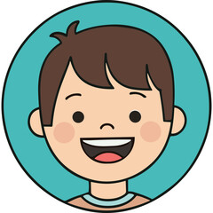 Obraz premium A cheerful cartoon boy with brown hair smiles widely in a teal circle.