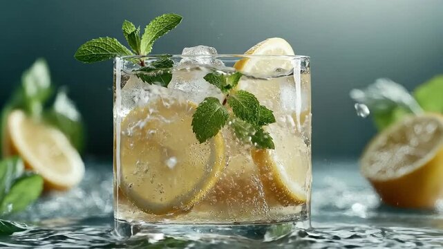 Cool citrus refreshment containing tangy lemon element, crystal ice fragment, verdant mint foliage, generating a vigorous liquid splash, depicting an invigorating summer concoction.