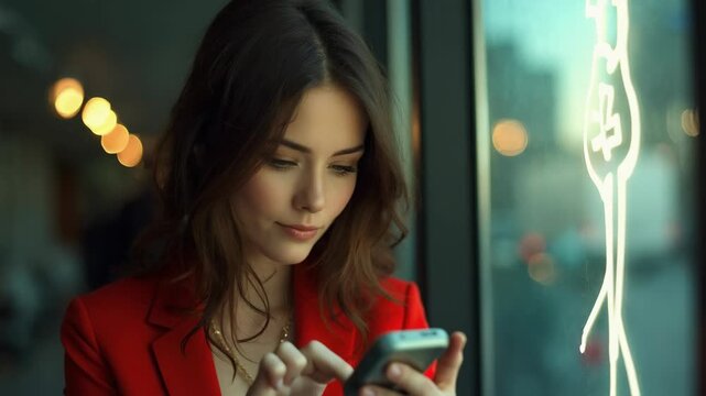Stylish young woman in red blazer uses smartphone near a large window with city lights glowing outside. Modern technology and social networking concept in cozy urban cafe environment.