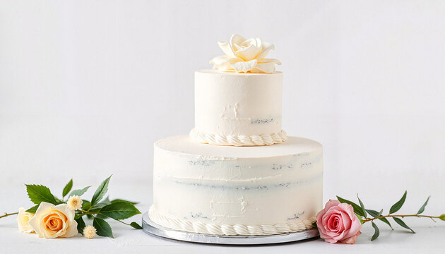 Two-tiered wedding cake decorated with roses on white background  