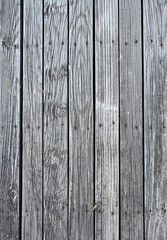 Fototapeta premium Natural patina wood porch decking with narrow weathered slats, rows of nails, visible wood grain and knots, and small debris