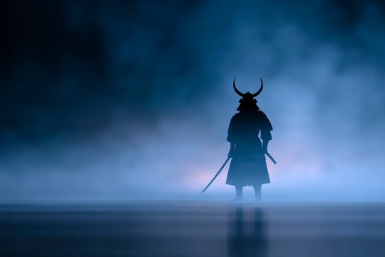 silhouette of a samurai with a horned helmet, holding a sword and standing on a dark floor in a foggy night.