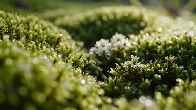 Green moss with water droplets ideal for travel vlogs and eco-friendly campaigns