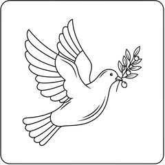 Fototapeta premium Black and white line art illustration of a flying dove holding an olive branch.