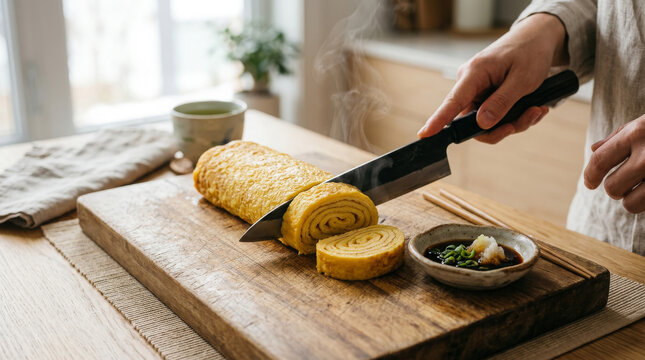 Slicing Steaming Fresh Japanese Tamagoyaki Rolled Omelet on Wooden Cutting Board in Kitchen