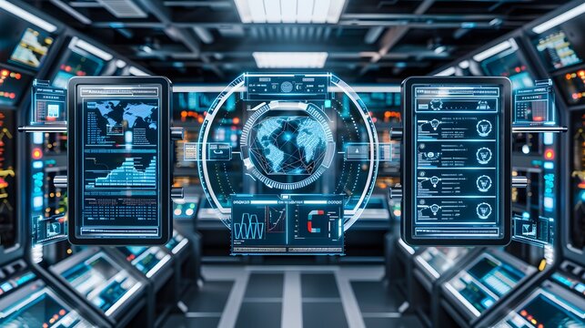 Futuristic Global Data Command Center with Advanced Analytics Dashboard and AI Powered Monitoring System