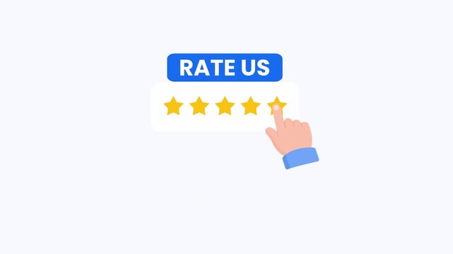 Five star customer rating concept, rate us feedback with hand click review interface, vector flat 2d illustration isolated background