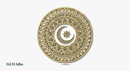 Obraz premium Elegant golden Islamic emblem showcasing a beautiful crescent moon and radiant star, intricate geometric design for cultural and festive occasions
