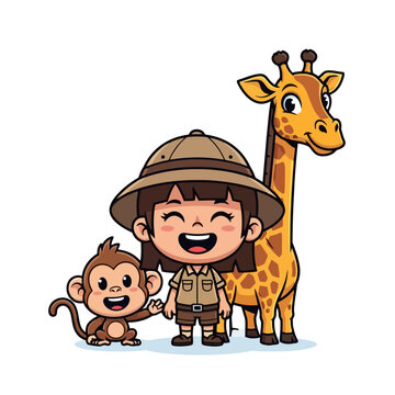 Cute cartoon explorer girl with monkey and giraffe.