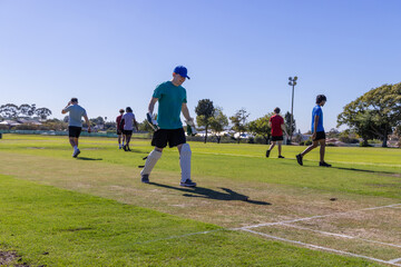 Obraz premium Male teammates walking across marked cricket pitch in park wearing batting pads and gloves