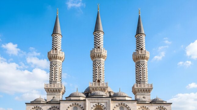 Beautiful Three Minarets of Melike Hatun Mosque in Ankara Turkey under Blue Sky.