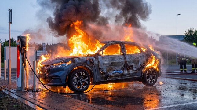 Electric car on fire at charging station. Firefighters extinguishing burning EV. Safety hazards in modern sustainable transportation and ecological vehicle technology.