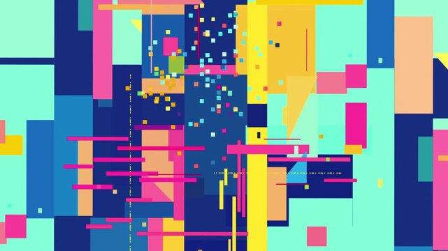 対角線に配置された鮮やかな幾何学ブロックが回転するような躍動感を与えるデジタル背景。テクノロジーとスピード感を象徴する抽象デザイン。
