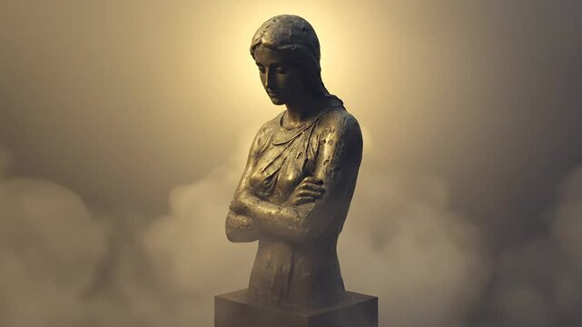 Bronze woman statue on pedestal surrounded by smoke and golden light