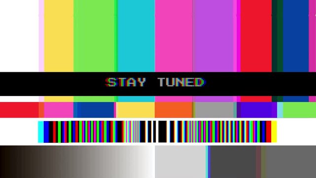 Classic Television Broadcast Signal Test Pattern Display with 'Stay Tuned' Message