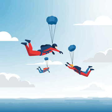 Skydivers jumping from airplane with parachutes.