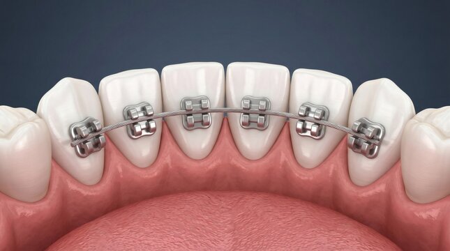 Close up 3D medical illustration of human lower teeth with metal braces and orthodontic wire.