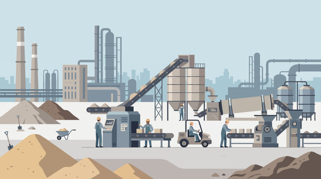 Industrial site with workers and machinery.