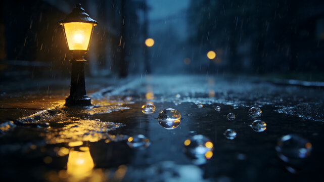 Lit vintage street lamp on wet pavement with raindrops at night