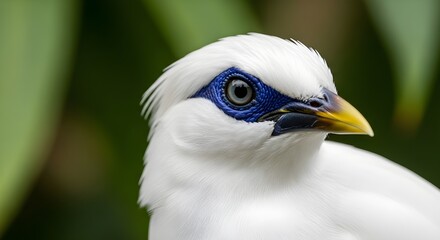 Fototapeta premium A detailed close-up portrait of a Bali myna bird highlighting its striking blue eye patch and smooth white feathers against a blurred green background