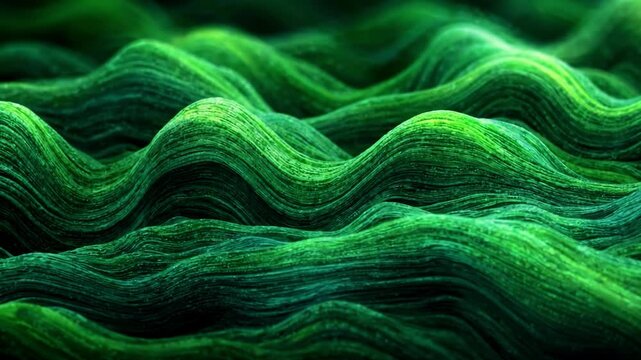 Green abstract fibrous waves undulating and forming dynamic topographic ridges
